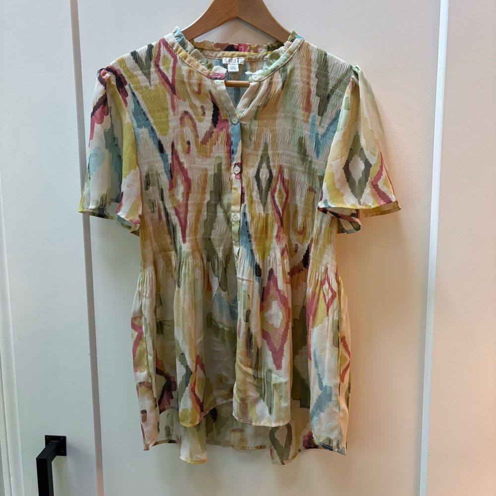 Spense Watercolor Ikat Print Ruffle Neck Tunic Blouse size L